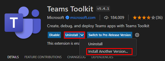 Capture d’écran montrant l’option permettant de sélectionner une autre version de Visual Studio Code.